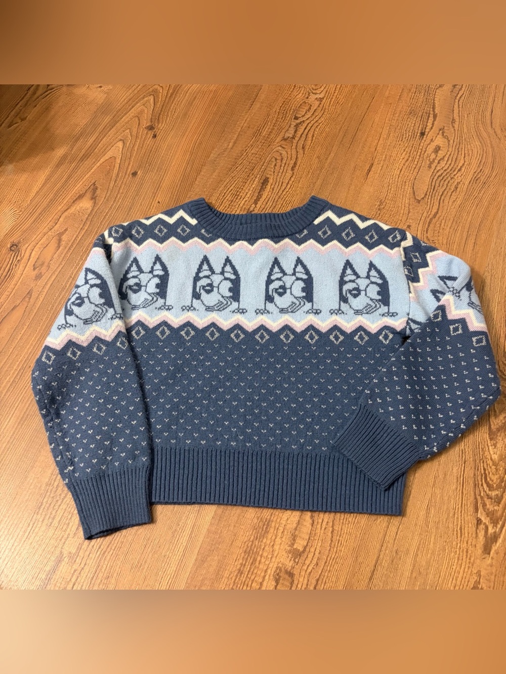 Bluey toddler Blue Patterned Crewneck Sweater size XS winter cozy layering